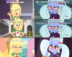 Size: 2825x2245 | Tagged: safe, edit, edited screencap, screencap, character:applejack, character:fluttershy, character:sugarcoat, episode:diy with applejack, equestria girls:friendship games, equestria girls:rollercoaster of friendship, g4, my little pony: equestria girls, my little pony:equestria girls, spoiler:eqg series (season 2), comic, discovery family logo, name, screencap comic, shadowbolts, sugarcube, talking