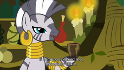 Size: 1920x1080 | Tagged: safe, edit, edited screencap, screencap, character:zecora, species:zebra, episode:magic duel, g4, my little pony: friendship is magic, bracelet, candle, caption, cup, ear piercing, earring, female, jewelry, neck rings, piercing, quadrupedal, solo, subtitles, zecora's hut