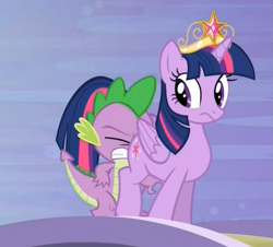 Size: 743x673 | Tagged: safe, edit, edited screencap, screencap, character:spike, character:twilight sparkle, character:twilight sparkle (alicorn), species:alicorn, species:pony, episode:princess twilight sparkle, g4, my little pony: friendship is magic, big crown thingy, context is for the weak, cropped, duo, element of magic, faceful of ass, jewelry, regalia, spike running into twilight's rear