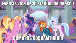 Size: 1366x768 | Tagged: safe, edit, edited screencap, screencap, character:luster dawn, character:silverstream, character:starlight glimmer, character:sunburst, character:twilight sparkle, character:twilight sparkle (alicorn), species:alicorn, species:pony, episode:the last problem, g4, my little pony: friendship is magic, leak, impact font, minor annoyance, older silverstream, princess twilight 2.0, school of friendship, spoiler, sunburst the bearded, text