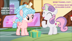 Size: 1280x720 | Tagged: safe, edit, edited screencap, screencap, character:cozy glow, character:sweetie belle, species:pony, episode:marks for effort, g4, my little pony: friendship is magic, imminent explosion, present, pure concentrated unfiltered evil of the utmost potency, pure unfiltered evil, sweetie fail, sweetiedumb, this will end in death, this will not end well, time bomb, too dumb to live