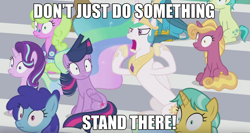 Size: 1366x725 | Tagged: safe, edit, edited screencap, screencap, character:citrine spark, character:cloudburst, character:daisy, character:fire quacker, character:gallus, character:princess celestia, character:sandbar, character:starlight glimmer, character:twilight sparkle, character:twilight sparkle (alicorn), species:alicorn, species:pony, episode:2-4-6 greaaat, background pony, caption, clever musings, fire flicker, friendship student, shocked expression, super mario world (tv series), text, youtube poop
