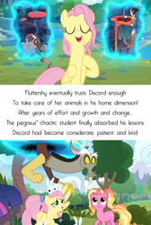 Size: 1920x2863 | Tagged: safe, edit, edited screencap, screencap, character:discord, character:fluttershy, character:luster dawn, character:twilight sparkle, character:twilight sparkle (alicorn), species:alicorn, species:deer, species:draconequus, species:pegasus, species:pony, species:rabbit, species:unicorn, episode:the last problem, g4, my little pony: friendship is magic, season 9, leak, animal, caption, chaos, cloud, dimension travel, ferret, image macro, meadow, mountain, mouse, nature, older, older fluttershy, portal, princess twilight 2.0, raccoon, singing, sky, text, tree