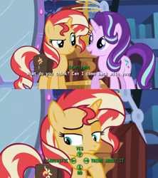 Size: 600x675 | Tagged: safe, edit, edited screencap, screencap, character:starlight glimmer, character:sunset shimmer, equestria girls:mirror magic, g4, my little pony: equestria girls, my little pony:equestria girls, spoiler:eqg specials, dialogue, dialogue choices, dialogue edit, dialogue wheel, fallout, fallout 4