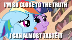 Size: 1000x559 | Tagged: safe, edit, edited screencap, screencap, character:rainbow dash, character:twilight sparkle, episode:it's about time, g4, my little pony: friendship is magic, awkward, caption, duo, golden oaks library, image macro, spongebob squarepants, sweat, text, the smoking peanut, tongue out