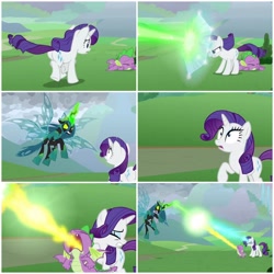 Size: 2896x2896 | Tagged: safe, edit, screencap, character:queen chrysalis, character:rarity, character:spike, species:dragon, species:pony, episode:the ending of the end, g4, my little pony: friendship is magic, season 9, leak, attack, blast, collage, defending, female, firebreathing, magic, magic beam, magic blast, male, shield, ultimate chrysalis, winged spike
