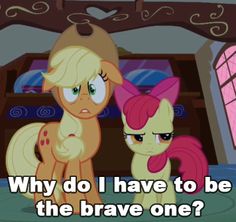 Size: 236x222 | Tagged: safe, edit, edited screencap, screencap, character:apple bloom, character:applejack, species:pony, episode:bridle gossip, g4, my little pony: friendship is magic, apple bloom is not amused, brave, cropped, duo, eyeroll, female, filly, floppy ears, mare, scared, sugarcube corner, unamused