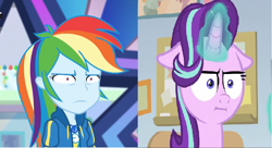 Size: 1048x570 | Tagged: safe, edit, edited screencap, screencap, character:rainbow dash, character:starlight glimmer, episode:marks for effort, equestria girls:holidays unwrapped, g4, my little pony: equestria girls, my little pony: friendship is magic, my little pony:equestria girls, spoiler:eqg series (season 2), :i, comparison, geode of super speed, i mean i see, magical geodes