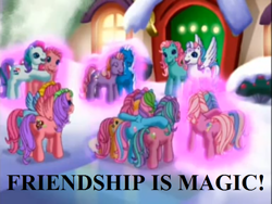 Size: 640x480 | Tagged: safe, edit, edited screencap, screencap, character:minty, character:pinkie pie (g3), character:rainbow dash (g3), character:sparkleworks, character:star catcher, character:sunny daze (g3), character:thistle whistle, species:pony, episode:a very minty christmas, g3, background pony, cute, dazeabetes, friendship, g3 dashabetes, g3 diapinkes, hug, ice, magic, magic aura, mintabetes, north pole, snow, sparklebetes, text, thistlebetes