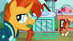 Size: 1440x810 | Tagged: safe, edit, edited screencap, screencap, character:stellar flare, character:sunburst, species:pony, species:unicorn, episode:the parent map, g4, butt, caption, female, grammar error, image macro, implied incest, incest, male, mare, milf, mother and son, stallion, text