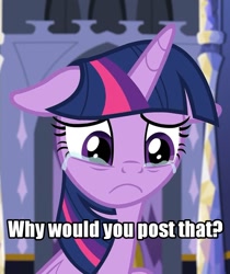 Size: 1090x1298 | Tagged: safe, edit, edited screencap, screencap, character:twilight sparkle, character:twilight sparkle (alicorn), species:alicorn, species:pony, episode:the last problem, g4, my little pony: friendship is magic, leak, :c, cropped, crying, female, floppy ears, frown, image macro, inverted mouth, looking down, mare, meme, sad, solo, text, text edit, this saddens, why would you post that