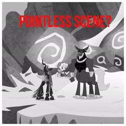 Size: 1936x1936 | Tagged: safe, edit, edited screencap, screencap, character:cozy glow, character:lord tirek, character:queen chrysalis, species:centaur, species:changeling, species:pegasus, species:pony, episode:frenemies, g4, my little pony: friendship is magic, leak, black and white, bow, changeling queen, cloven hooves, colored hooves, cropped, female, filly, grayscale, grogar's bell, hair bow, male, monochrome, nose piercing, nose ring, piercing, pointless, red text, snow, trio