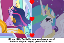 Size: 1500x1000 | Tagged: safe, edit, edited screencap, screencap, character:princess celestia, character:twilight sparkle, character:twilight sparkle (alicorn), species:alicorn, species:pony, ship:twilestia, episode:a royal problem, episode:the last problem, g4, my little pony: friendship is magic, adult, canterlot castle, caption, cropped, crown, ethereal mane, female, flowing mane, folded wings, heart, hoof shoes, image macro, jewelry, lesbian, lidded eyes, looking up, mare, momlestia, motherly, night, older, princess twilight 2.0, regalia, shipping, smiling, smuglight sparkle, spread wings, text, throne room, wings