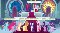 Size: 1920x1080 | Tagged: safe, edit, edited screencap, screencap, character:applejack, character:fluttershy, character:pinkie pie, character:princess cadance, character:princess celestia, character:princess luna, character:rainbow dash, character:rarity, character:spike, character:starlight glimmer, character:twilight sparkle, character:twilight sparkle (alicorn), species:alicorn, species:dragon, species:earth pony, species:pegasus, species:pony, species:unicorn, derpibooru, episode:school raze, g4, my little pony: friendship is magic, applebutt, back of head, balloonbutt, butt, canterlot castle, canterlot throne room, ethereal mane, female, flutterbutt, flying, glimmer glutes, hoof shoes, line-up, lovebutt, male, mane eight, mane seven, mane six, mane six plots, mare, meta, moonbutt, plot, plot line, plotline, rainbutt dash, rearity, sunbutt, tags, throne, throne room, twibutt, winged spike