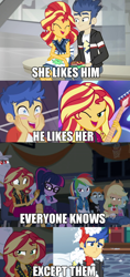 Size: 766x1626 | Tagged: safe, edit, edited screencap, screencap, character:applejack, character:bulk biceps, character:flash sentry, character:lyra heartstrings, character:rainbow dash, character:snips, character:sunset shimmer, character:trixie, character:twilight sparkle, character:twilight sparkle (scitwi), species:eqg human, ship:flashimmer, episode:cheer you on, episode:good vibes, eqg summertime shorts, equestria girls:holidays unwrapped, equestria girls:spring breakdown, g4, my little pony: equestria girls, my little pony:equestria girls, spoiler:eqg series (season 2), all good (song), caption, female, geode of super speed, geode of super strength, geode of telekinesis, image macro, magical geodes, male, offscreen character, shipping, straight, text