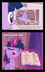Size: 1052x1662 | Tagged: safe, edit, edited screencap, screencap, character:twilight sparkle, character:twilight sparkle (alicorn), species:alicorn, species:pony, episode:a trivial pursuit, episode:ponyville confidential, g4, my little pony: friendship is magic, book, comparison, cropped, floppy ears, golden oaks library, library, messy mane, newspaper, rules lawyer, text, wings