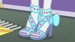 Size: 854x480 | Tagged: safe, edit, edited screencap, screencap, character:rarity, equestria girls:rollercoaster of friendship, g4, my little pony: equestria girls, my little pony:equestria girls, close-up, clothing, feet, glitter, glittery, high heels, human feet, legs, nail polish, open-toed shoes, pictures of legs, sandals, shoes, toenail polish, toenails