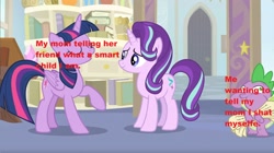 Size: 1680x940 | Tagged: safe, edit, edited screencap, screencap, character:spike, character:starlight glimmer, character:twilight sparkle, character:twilight sparkle (alicorn), species:alicorn, species:dragon, species:pony, episode:a horse shoe-in, g4, my little pony: friendship is magic, meme, metaphor, misspelling, puffy cheeks, shitposting, text, vulgar, winged spike