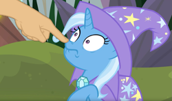 Size: 1579x937 | Tagged: safe, edit, edited screencap, screencap, character:trixie, species:pony, species:unicorn, episode:a horse shoe-in, g4, my little pony: friendship is magic, boop, boop edit, female, finger, hand, mare