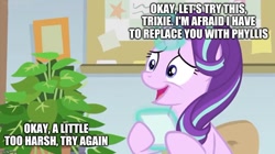 Size: 888x499 | Tagged: safe, edit, edited screencap, screencap, character:phyllis, character:starlight glimmer, species:pony, species:unicorn, episode:a horse shoe-in, g4, my little pony: friendship is magic, bulletin board, caption, female, house plant, image macro, implied trixie, levitation, magic, mare, nervous grin, office, philodendron, picture frame, telekinesis, text