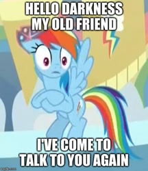 Size: 500x578 | Tagged: safe, edit, edited screencap, screencap, character:rainbow dash, species:pegasus, species:pony, episode:a horse shoe-in, g4, my little pony: friendship is magic, caption, cropped, crossed hooves, disturbed, female, flying, hello darkness my old friend, image macro, impact font, mare, school of friendship, shocked, simon and garfunkel, solo, song reference, text, the sound of silence, what the hay?, wide eyes