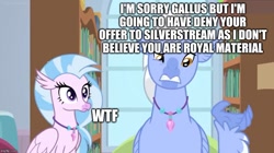 Size: 888x499 | Tagged: safe, edit, edited screencap, screencap, character:silverstream, character:sky beak, species:classical hippogriff, species:hippogriff, episode:a horse shoe-in, g4, my little pony: friendship is magic, book, bookshelf, caption, female, image macro, implied gallstream, implied gallus, jewelry, male, marriage proposal, necklace, teenager, text, window, wtf