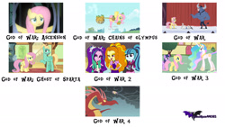 Size: 1920x1080 | Tagged: safe, edit, edited screencap, screencap, character:adagio dazzle, character:aria blaze, character:fluttershy, character:iron will, character:princess celestia, character:sonata dusk, character:twilight sparkle, character:zephyr breeze, episode:a bird in the hoof, episode:dragonshy, episode:feeling pinkie keen, episode:flutter brutter, episode:putting your hoof down, equestria girls:rainbow rocks, g4, my little pony: equestria girls, my little pony: friendship is magic, my little pony:equestria girls, god of war, meme, video game