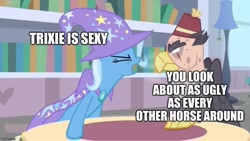Size: 885x500 | Tagged: safe, edit, edited screencap, screencap, character:grampa gruff, character:trixie, species:griffon, species:pony, species:unicorn, episode:a horse shoe-in, g4, my little pony: friendship is magic, blind eye, book, bookshelf, breath, burned, burnt, cape, caption, clothing, duo, female, hat, image macro, lamp, library, male, mare, meme, text, trixie yells at everything, trixie's cape, trixie's hat, yelling