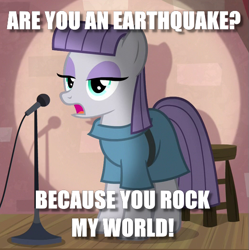 Size: 521x523 | Tagged: safe, edit, edited screencap, screencap, character:maud pie, species:earth pony, species:pony, episode:the maud couple, g4, my little pony: friendship is magic, caption, clothing, cropped, female, image macro, mare, microphone, pickup lines, pun, solo, text