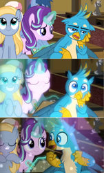Size: 1600x2656 | Tagged: safe, edit, edited screencap, screencap, character:blues, character:dark moon, character:fuchsia frost, character:gallus, character:goldy wings, character:graphite, character:noteworthy, character:starlight glimmer, species:griffon, species:pony, species:unicorn, episode:a horse shoe-in, g4, my little pony: friendship is magic, background pony, bored, clipboard, comic, cute, excited, female, friendship student, gallabetes, glow, levitation, lights, magic, magic aura, male, mare, rave, screencap comic, seat, sitting, suddenly, teenager, telekinesis