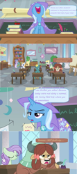 Size: 1600x3588 | Tagged: safe, edit, edited screencap, screencap, character:huckleberry, character:starlight glimmer, character:trixie, character:yona, episode:a horse shoe-in, g4, my little pony: friendship is magic, book, bookshelf, cape, chalkboard, clipboard, clothing, comic, desk, dialogue, easel, friendship student, hat, inkwell, periodic table, picture frame, quill, screencap comic, speech bubble, trixie's cape, trixie's hat, unamused, window