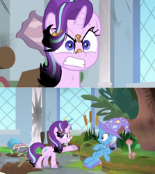 Size: 1600x1792 | Tagged: safe, edit, edited screencap, screencap, character:starlight glimmer, character:trixie, species:pony, episode:a horse shoe-in, g4, my little pony: friendship is magic, angry, bog, book, cape, cattails, classroom, clothing, comic, dirt, hat, leaning back, mess, moss, mushroom, picture frame, screencap comic, trixie's cape, trixie's hat, upset, window
