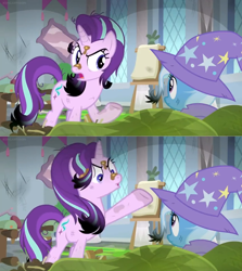 Size: 1600x1792 | Tagged: safe, edit, edited screencap, screencap, character:starlight glimmer, character:trixie, species:pony, episode:a horse shoe-in, g4, my little pony: friendship is magic, angry, bog, burnt, cape, classroom, clothing, comic, dirt, easel, hat, moss, ruined, scolding, screencap comic, singed, trixie's cape, trixie's hat, upset, window, yelling