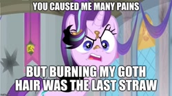 Size: 897x500 | Tagged: safe, edit, edited screencap, screencap, character:starlight glimmer, species:pony, episode:a horse shoe-in, g4, my little pony: friendship is magic, angry, banner, broken, burned, burnt, caption, dirt, female, goth, image macro, lamp, shattered, singed, solo, text, this will end in death, this will end in pain, this will end in tears, this will end in tears and/or death, this will not end well, upset, window