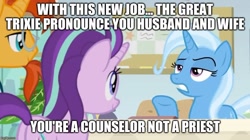 Size: 888x499 | Tagged: safe, edit, edited screencap, screencap, character:starlight glimmer, character:sunburst, character:trixie, species:pony, episode:a horse shoe-in, g4, my little pony: friendship is magic, bulletin board, caption, desk, image macro, implied shipping, implied starburst, marriage, office, shipper on deck, starlight's office, text, the great and powerful shipper
