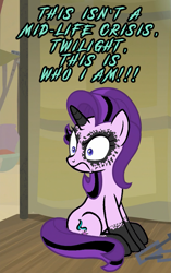Size: 677x1080 | Tagged: safe, edit, edited screencap, screencap, character:starlight glimmer, species:pony, species:unicorn, episode:on the road to friendship, caption, cropped, edgelight glimmer, emo, female, frown, glare, goth, hair dye, image macro, it's a phase, it's not a phase, looking offscreen, makeup, mare, midlife crisis, scowl, sitting, solo, somnambula (location), text