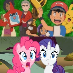 Size: 1024x1024 | Tagged: safe, edit, edited screencap, screencap, character:pinkie pie, character:rarity, episode:putting your hoof down, g4, my little pony: friendship is magic, spoilers for another series, alola, ash ketchum, barely pony related, crossover, it happened, pikachu, pokémon, pokémon sun and moon, rotom, rotom dex, trophy