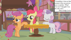 Size: 1280x720 | Tagged: safe, edit, edited screencap, screencap, character:apple bloom, character:scootaloo, character:sweetie belle, species:earth pony, species:pegasus, species:pony, species:unicorn, episode:call of the cutie, g4, my little pony: friendship is magic, adorabloom, balloon, bow, c.s. lewis, cupcake, cute, cutealoo, diasweetes, food, inset, mane bow, pie, sugarcube corner, text, the four loves