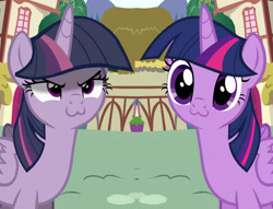 Size: 1704x1304 | Tagged: safe, edit, edited screencap, screencap, character:mean twilight sparkle, character:twilight sparkle, character:twilight sparkle (alicorn), species:alicorn, species:pony, episode:pinkie pride, episode:the mean 6, g4, my little pony: friendship is magic, :3, >:3, catface, cute, duality, female, i can be your angle or your devil, mare, ponidox, self ponidox, twiabetes, twilight cat