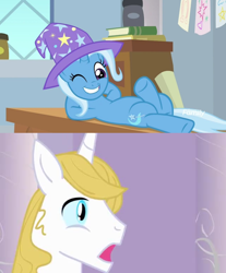 Size: 1024x1236 | Tagged: safe, edit, edited screencap, screencap, character:prince blueblood, character:trixie, species:pony, ship:bluetrix, episode:a horse shoe-in, g4, my little pony: friendship is magic, discovery family logo, female, male, one eye closed, shipping, shipping domino, straight, wink