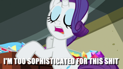 Size: 640x360 | Tagged: safe, edit, edited screencap, screencap, character:rarity, episode:dragon dropped, g4, my little pony: friendship is magic, caption, eyes closed, female, image macro, reaction image, solo, sophisticated as hell, text, vulgar