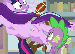 Size: 1008x720 | Tagged: safe, edit, edited screencap, screencap, character:spike, character:starlight glimmer, character:twilight sparkle, character:twilight sparkle (alicorn), species:alicorn, species:dragon, species:pony, ship:sparlight, episode:a horse shoe-in, g4, my little pony: friendship is magic, american football, butt, cropped, eyes on the prize, female, flank, glimmer glutes, male, plot, shipping, sports, straight, text, winged spike