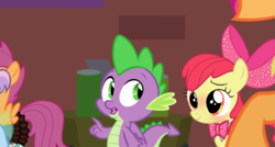 Size: 2259x1208 | Tagged: safe, edit, edited screencap, screencap, character:apple bloom, character:applejack, character:scootaloo, character:spike, character:sweetie belle, species:dragon, species:earth pony, species:pegasus, species:pony, ship:spikebloom, episode needed, female, male, shipping, straight