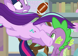 Size: 1008x720 | Tagged: safe, edit, edited screencap, screencap, character:spike, character:starlight glimmer, character:twilight sparkle, character:twilight sparkle (alicorn), species:alicorn, species:dragon, species:pony, ship:sparlight, episode:a horse shoe-in, g4, my little pony: friendship is magic, american football, butt, cropped, eyes on the prize, female, flank, glimmer glutes, male, plot, shipping, sports, straight, text, winged spike