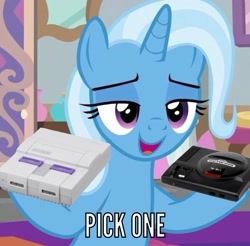 Size: 779x767 | Tagged: safe, edit, edited screencap, screencap, character:trixie, species:pony, episode:a horse shoe-in, g4, my little pony: friendship is magic, console wars, cropped, exploitable meme, female, meme, sega genesis, solo, super nintendo, video game