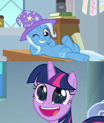 Size: 1024x1208 | Tagged: safe, edit, edited screencap, screencap, character:trixie, character:twilight sparkle, character:twilight sparkle (alicorn), species:alicorn, species:pony, ship:twixie, episode:a horse shoe-in, episode:sparkle's seven, g4, my little pony: friendship is magic, butt, crossed legs, eye reflection, faec, female, forever, lesbian, one eye closed, plot, pudding face, reflection, shipping, wink