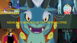 Size: 1280x720 | Tagged: safe, edit, edited screencap, screencap, character:cozy glow, character:grogar, character:king sombra, character:lord tirek, character:queen chrysalis, species:centaur, species:changeling, species:pegasus, species:pony, species:unicorn, episode:school raze, episode:the beginning of the end, episode:the crystal empire, episode:the mean 6, episode:twilight's kingdom, g4, my little pony: friendship is magic, antagonist, changeling queen, crown, female, filly, foal, four horsemen of the apocalypse, horseman of conquest, horseman of death, horseman of famine, horseman of war, jewelry, legion of doom, male, regalia, stallion, text
