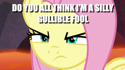 Size: 1050x591 | Tagged: safe, edit, edited screencap, screencap, character:fluttershy, episode:keep calm and flutter on, episode:sweet and smoky, g4, my little pony: friendship is magic, caption, female, glare, image macro, solo, text