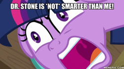 Size: 600x337 | Tagged: safe, edit, edited screencap, screencap, character:twilight sparkle, character:twilight sparkle (alicorn), species:alicorn, species:pony, episode:a trivial pursuit, g4, my little pony: friendship is magic, caption, dr. stone, image macro, text, this is trivia trot