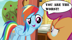 Size: 1280x720 | Tagged: safe, edit, edited screencap, screencap, character:rainbow dash, character:scootaloo, species:pegasus, species:pony, episode:the last crusade, g4, my little pony: friendship is magic, abuse, background pony strikes again, clubhouse, cruel, crusaders clubhouse, downvote bait, duo, female, filly, mare, mouthpiece, op is a duck, op is trying to start shit, out of character, rainbow douche, sad, scootabuse, teary eyes